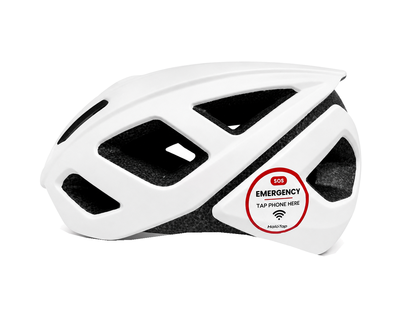 Casco blanco con la pegatina HaloTap visible en el lateral
